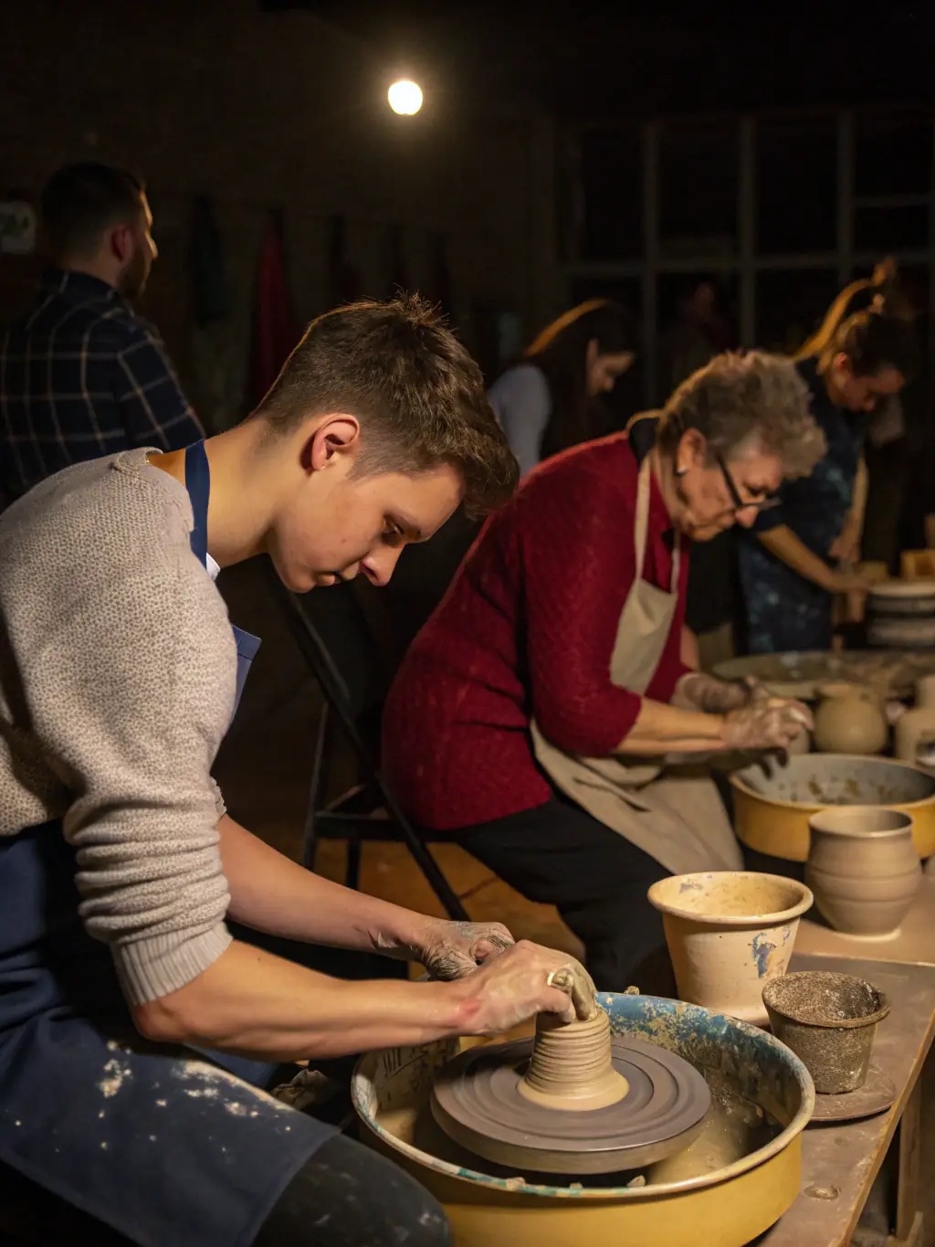 A group of participants enthusiastically working on ceramic pieces during a pottery workshop at ATELIERS CREATEURS CREATERRE, showcasing the hands-on learning experience.
