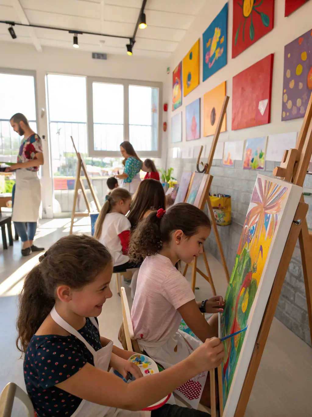 A vibrant painting session in progress, with participants of all ages and abilities creating colorful artworks under the guidance of an instructor at ATELIERS CREATEURS CREATERRE.