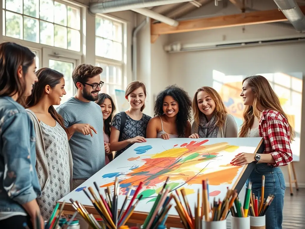 A dynamic image of an art class in session, with participants painting on canvases, showcasing different styles and techniques. The atmosphere is lively and collaborative, with easels, paints, and brushes scattered around.