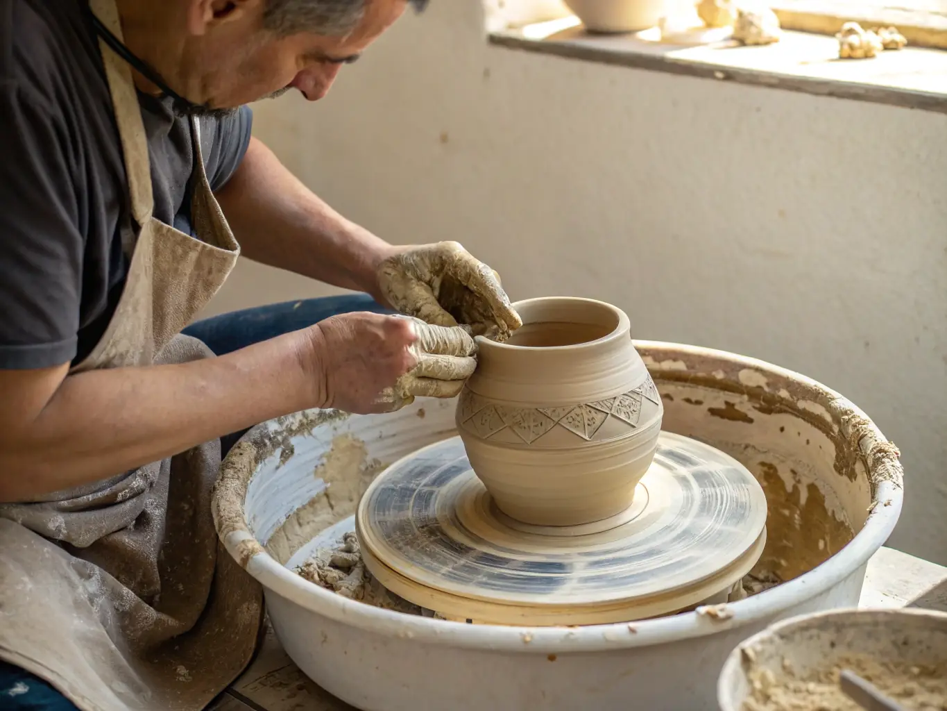 A vibrant image showcasing participants engaged in a ceramics workshop, hands covered in clay, creating various pottery pieces. The setting is a well-lit studio with shelves displaying finished ceramic works, emphasizing the hands-on nature of the program.