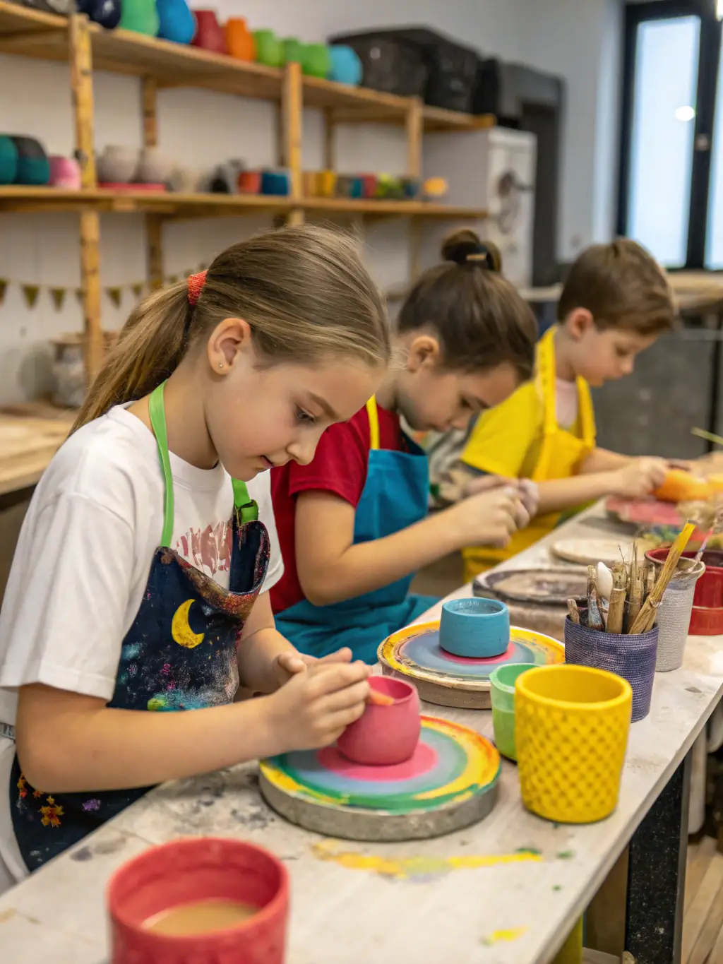 A group of elementary school students enthusiastically participating in a pottery workshop, their hands covered in clay, guided by an instructor in a bright classroom setting. The image captures the joy and engagement of children learning a new art form.