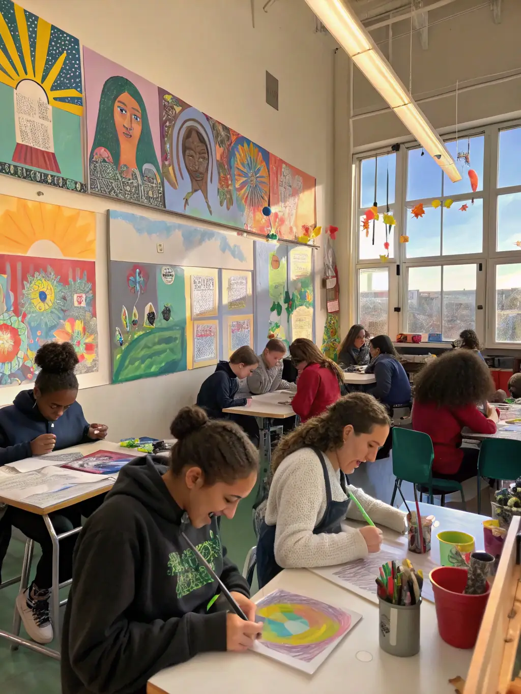 Participants in a painting workshop, using various techniques and colors to create unique artworks, emphasizing individual expression and collaborative learning.
