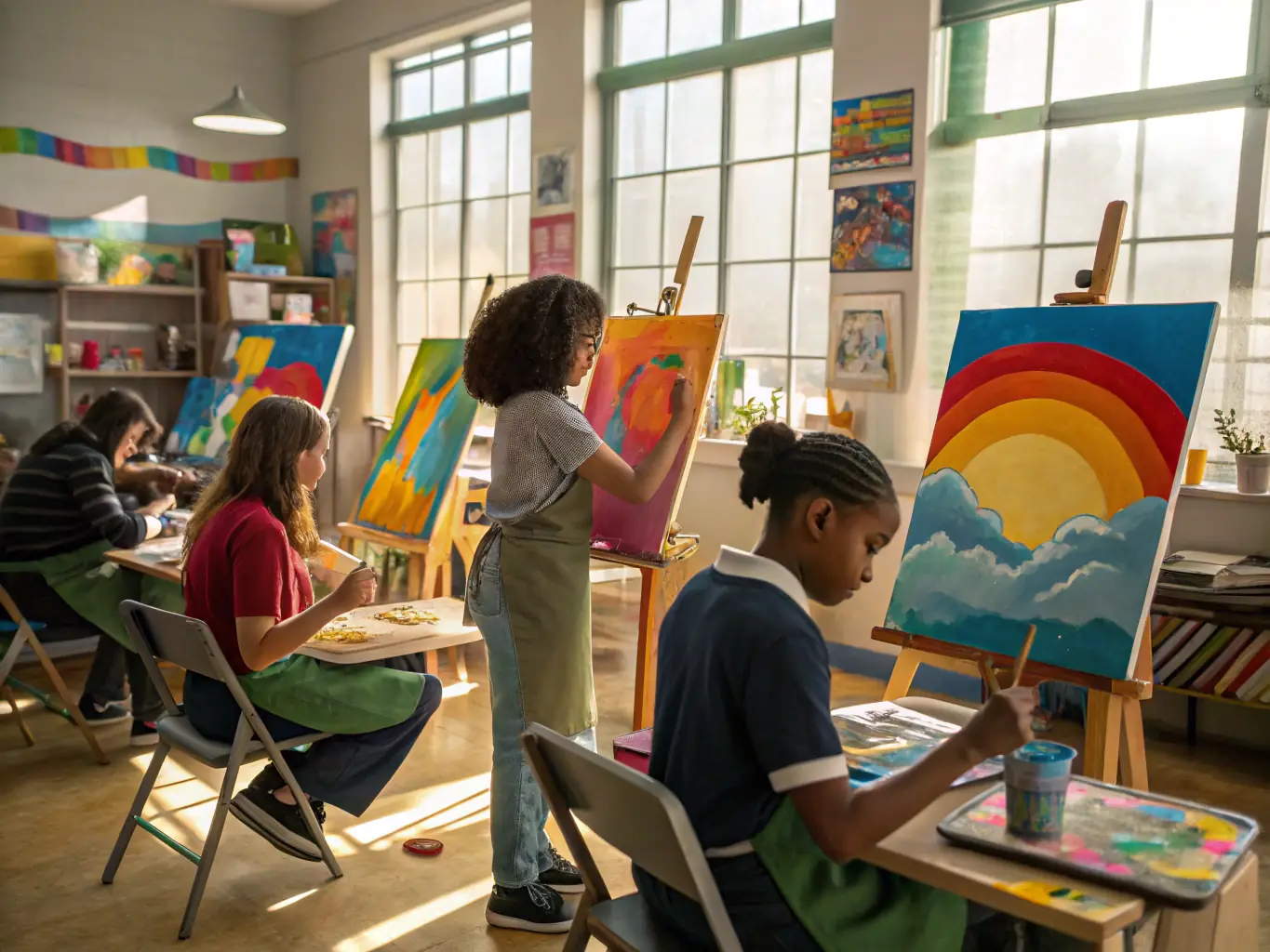 A dynamic image of an art class in session, with students painting vibrant canvases under the guidance of an instructor. The scene captures the energy and collaborative spirit of the painting program, highlighting the diverse artistic expressions.