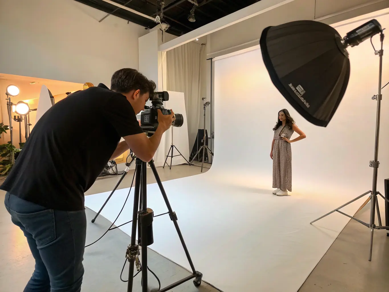 A captivating image of a photography session, featuring a student capturing a portrait with professional equipment. The background showcases a gallery of stunning photographs, reflecting the program's focus on visual storytelling and technical skills.