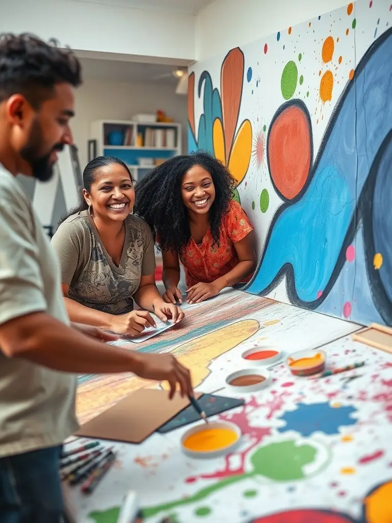 A diverse group of adults working together on a large mural in a community center, showcasing collaboration and artistic expression. The mural depicts local landmarks and cultural symbols.