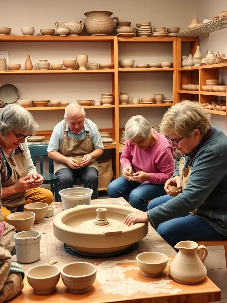 A diverse group of participants engaging in a ceramics workshop, shaping clay on pottery wheels, with a focus on inclusivity and creative expression.