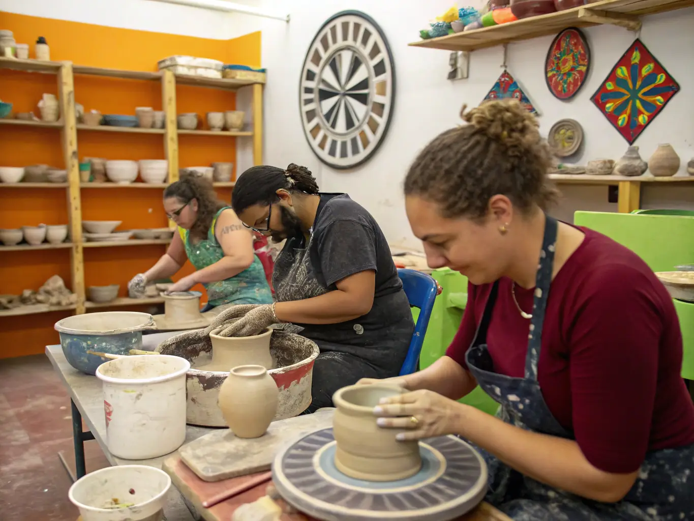 A vibrant image of participants engaged in a ceramics workshop, showcasing the hands-on creative process and the variety of ceramic art being produced. The setting is a well-lit studio with clay, tools, and finished pieces visible.