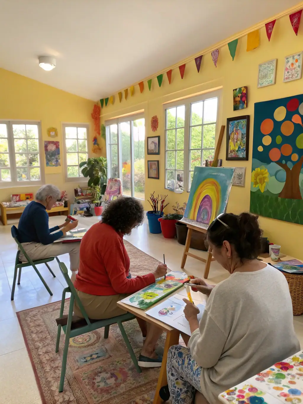 A patient in a hospital setting, smiling as they paint a canvas with the help of an art therapist. The scene is calm and supportive, highlighting the therapeutic benefits of art in healthcare.