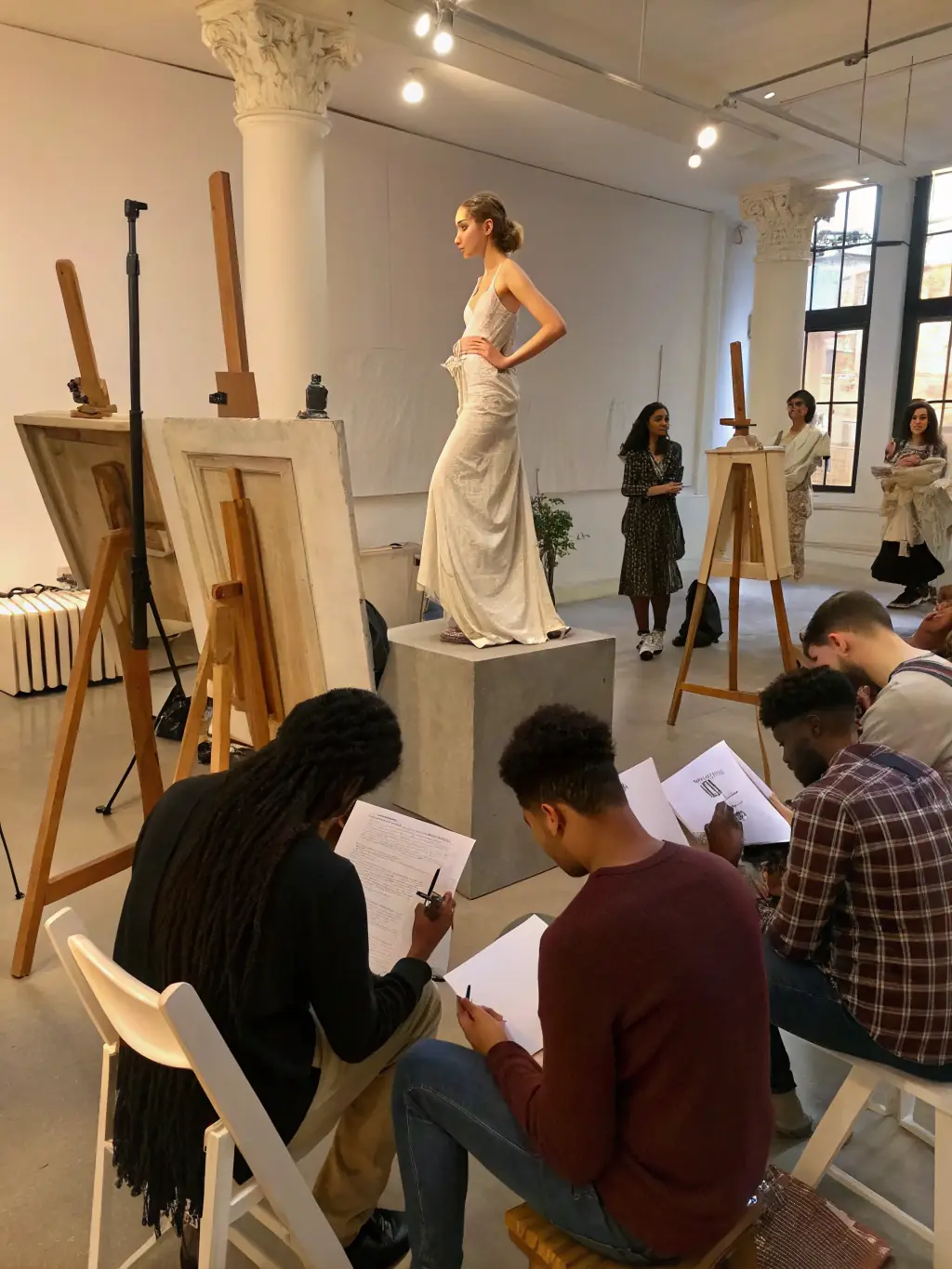 A drawing class where participants are sketching from life, focusing on form and shading techniques, within the supportive environment of ATELIERS CREATEURS CREATERRE.