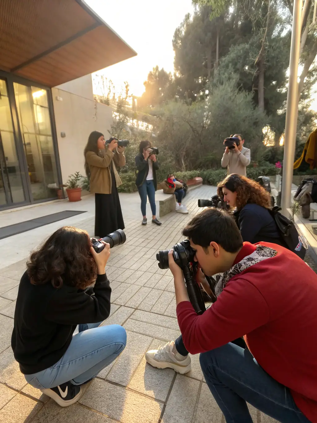 Teenagers in a photography workshop, learning to use cameras and compose shots in an urban environment. The image shows them exploring their creativity through visual storytelling.