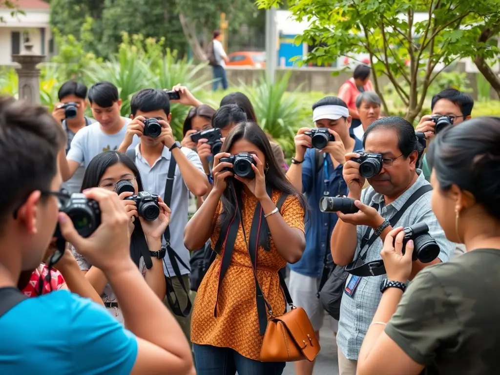 A captivating image of a photography session, with participants learning about composition and lighting while capturing images in a natural setting. The scene includes cameras, tripods, and a picturesque backdrop.